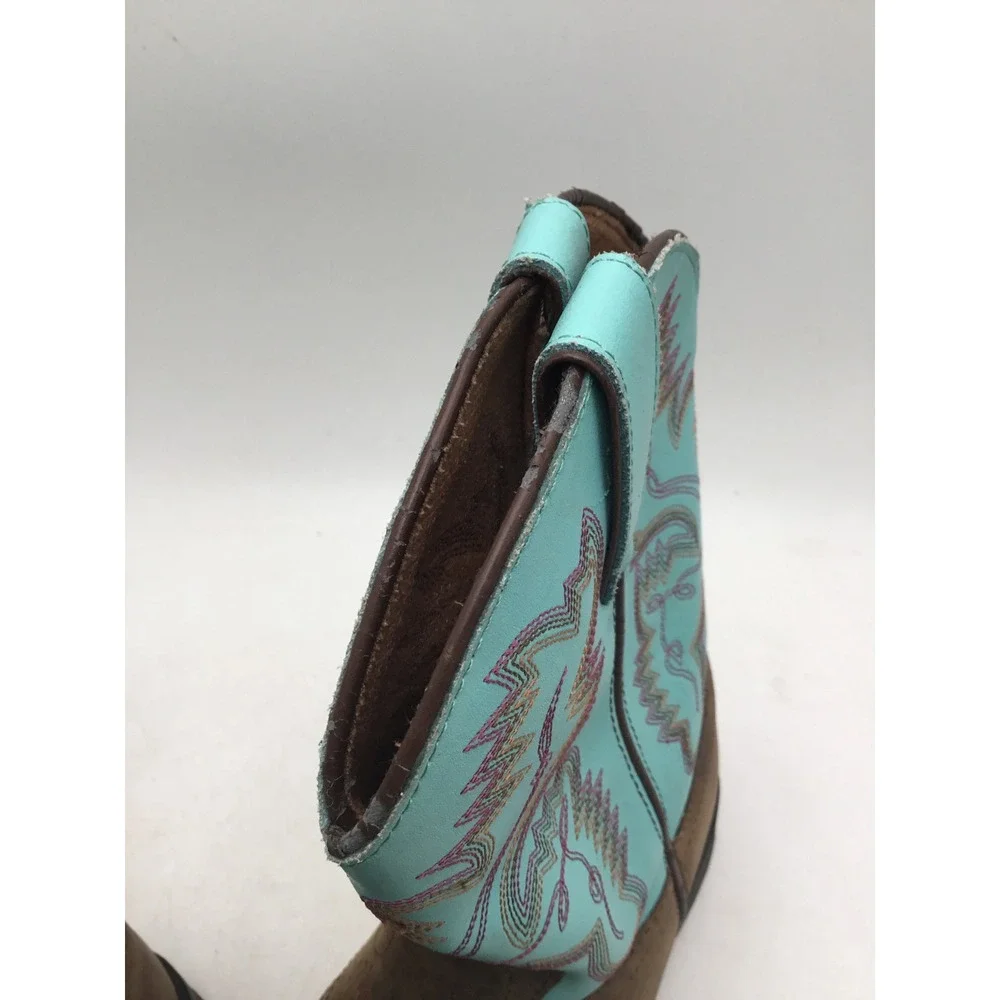 Justin Kids Brown Leather Turquoise Shaft Western Cowboy Boots 4853Y Size 3D